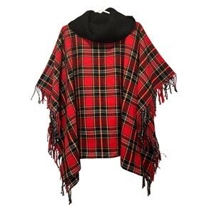 Talbots Women's Size Medium Cowl Neck Cape Shawl Wrap Ruana Plaid Fringe Holiday